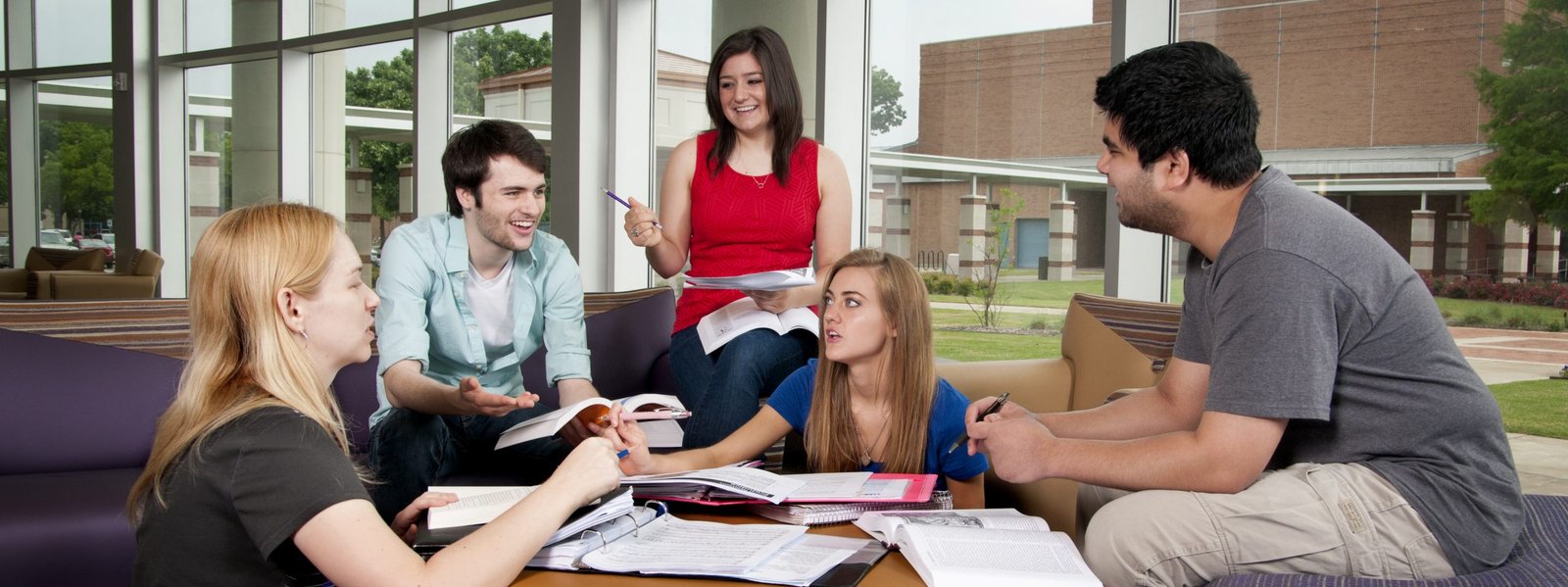 Students on campus in library