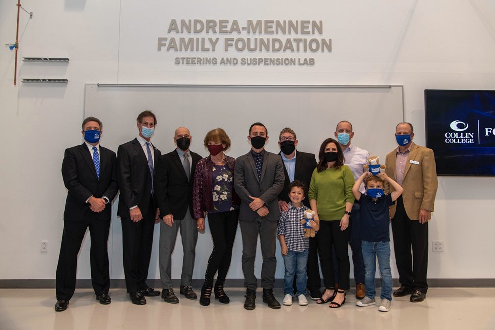 Pictured (left to right) Back row: Matt Ford and Ray Smith, board members for the Collin College Foundation; Rudy Andrea, Christina Mennen-Andrea, Adam Andrea, Joshua Longworth, Allison McDonald, and Ryan McDonald with The Andrea-Mennen Family Foundation; and Collin College Trustee Jay Saad. Front row: Beckham McDonald and Finley McDonald
