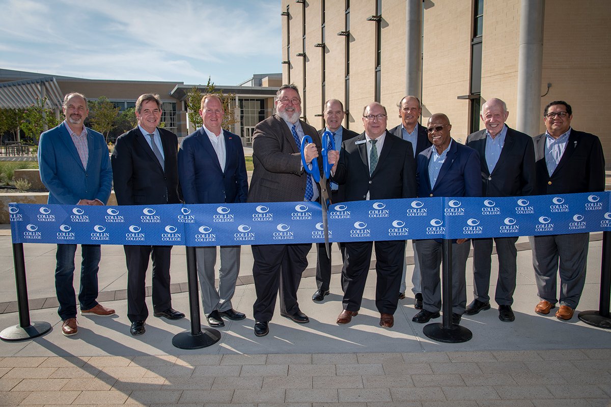 Representatives from Collin College, city of Frisco, legislators, and industry partners were present for the official ribbon cutting of the college’s IT Center at the Frisco Campus. Pictured are (from left) Cisco VP of Systems Engineering Brad Bonin, Frisco Chamber of Commerce President Tony Felker, Frisco Mayor Jeff Cheney, Collin College District President Dr. Neil Matkin, Collin College Board Trustee Jim Orr, Collin College Board Chair Andrew Hardin, Collin College Board Trustee Jay Saad, Collin College Board Trustee Fred Moses, Collin College Board Trustee Dr. Bob Collins, Collin College Board Trustee Dr. Raj Menon