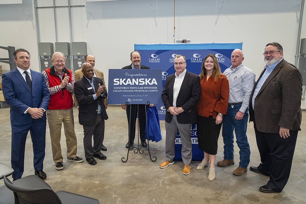 The Collin College Foundation honored construction firm Skanska for a $50,000 sponsorship of the Construction Lab at the college Technical Campus in Allen. Pictured are (left to right) Collin College Foundation board members Matt Ford and Shep Stahel, Collin College trustees Fred Moses and Jay Saad, Foundation board chair David Downs, Skanska officials Dennis Yung, Kimberly Burke and Joe Lindemann as well at Collin College district president Dr. H. Neil Matkin