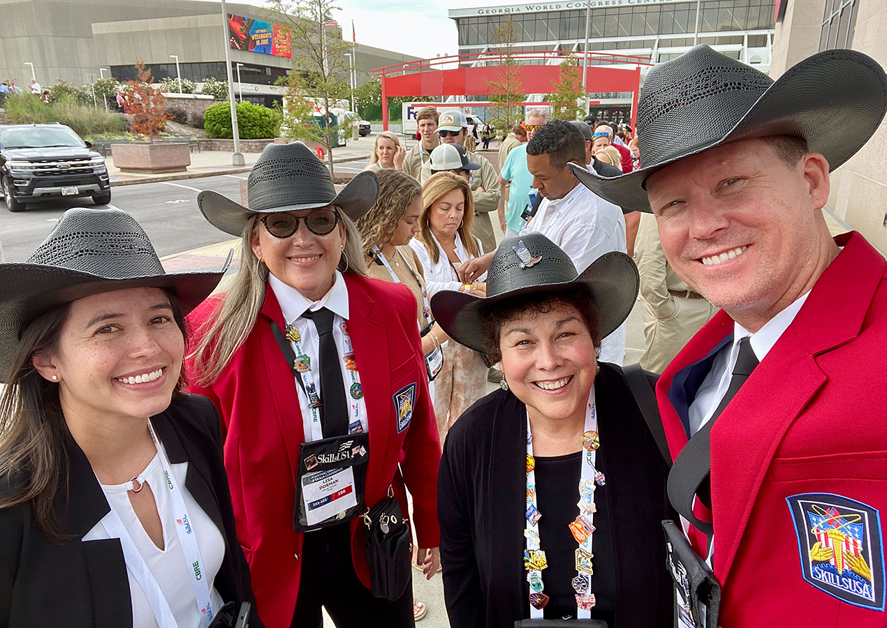 Students and advisors in SkillsUSA pose for a photo at the national competition, June 2023. Pictured from left are Raven Hartkopf, Lisa Dorman, Lisa Means, and Winferd Vermillion. Photo courtesy of Lisa Means